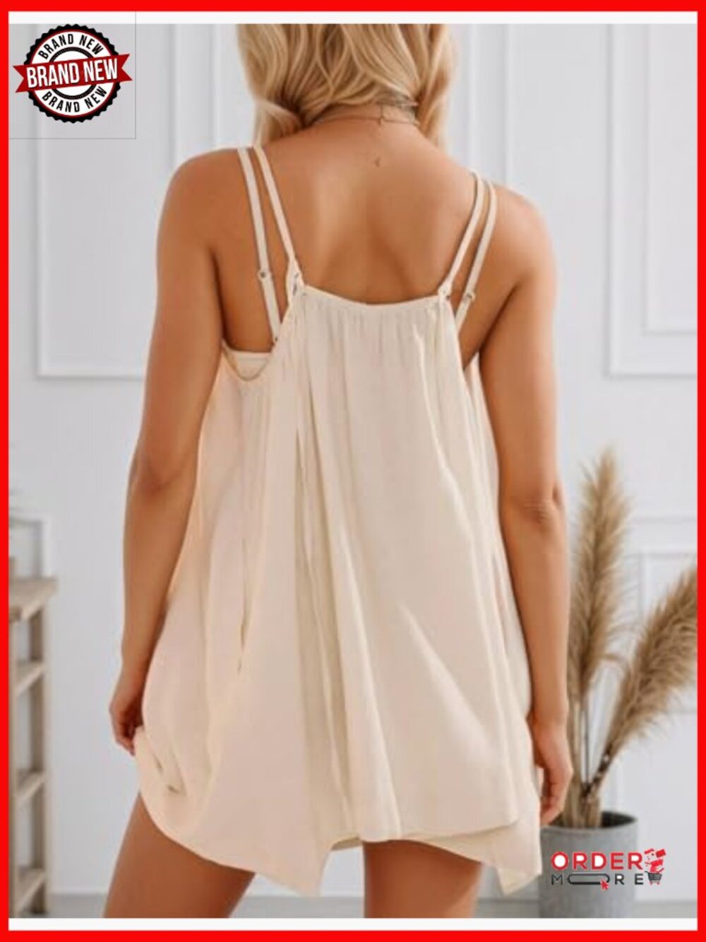 Mini Linen Cover Up Sundress Spaghetti Strap Sleeveless with Pockets - Picture 4 of 5